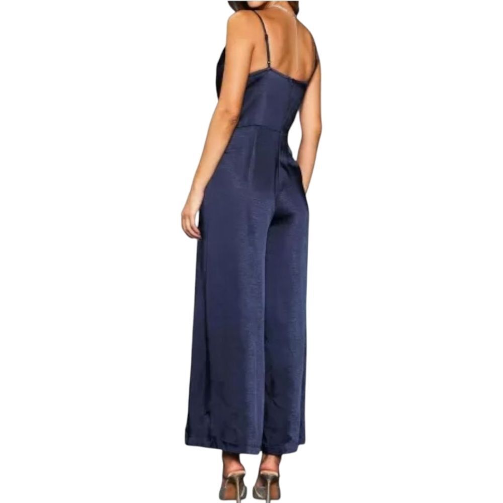Skies Are Blue Nwt Women's Cowl Neck Navy Blur Satin Jumpsuit Size MEDIUM - Picture 2 of 14